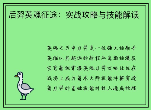 后羿英魂征途:实战攻略与技能解读